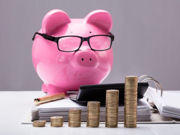 Stacked Coins And Document In Front Of Piggy Bank